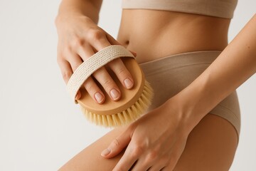 Close up of woman using dry body brush for lymphatic drainage massage and exfoliation at home. Concept of skincare, cellulite treatment, body care, detox, wellness ritual