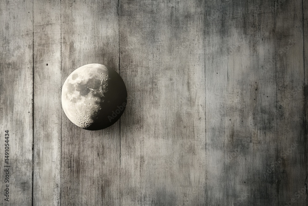 Poster a moon image is set against a grey distressed wooden background, creating a surreal and contrasting 