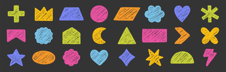 Abstract geometric shapes and forms, chalk pencil doodle set. Crayon modern figures, brush crown, star, heart in sketch style. Hand drawn vector illustration isolated on black background