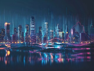 Futuristic city skyline at night, vibrant neon lights reflecting on water, overlaid with digital data streams