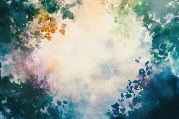 Obraz premium Watercolor painting with leaves creating a border. Pastel colors give it a serene and dreamlike appearance with a bright center.