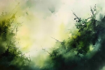 Abstract watercolor painting capturing a lush forest scene with shades of green, soft light, and impressionistic brushstrokes, evoking a sense of tranquility.