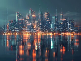 Futuristic city skyline at night, with glowing lines and reflections