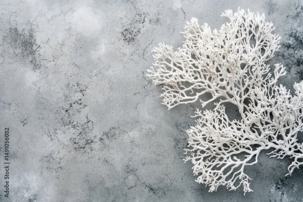 Poster minimalist composition of white coral on a textured gray background with copy space, creating a calm