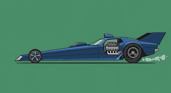 Dynamic blue drag racing machine with exposed engine in vector style