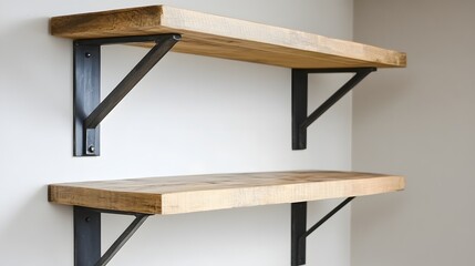 Two wooden shelves supported by dark metal brackets.