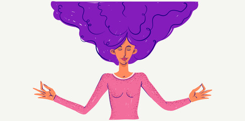 Young woman meditating, vector illustration of a girl in meditation yoga lotus pose, harmony in mind.