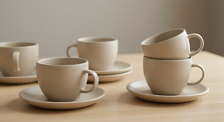 Light beige cups and saucers on wooden table