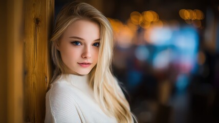 Fototapeta premium Portrait of a Young Woman with Long Blonde Hair in a Cozy Setting with Soft Bokeh Background
