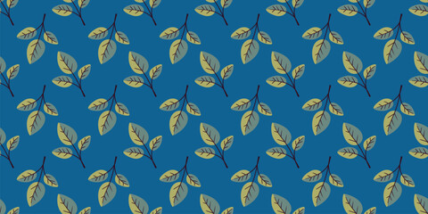 Seamless pattern of stylized leaves on a vibrant blue background.  Perfect for textile design, wallpaper, or website backgrounds.