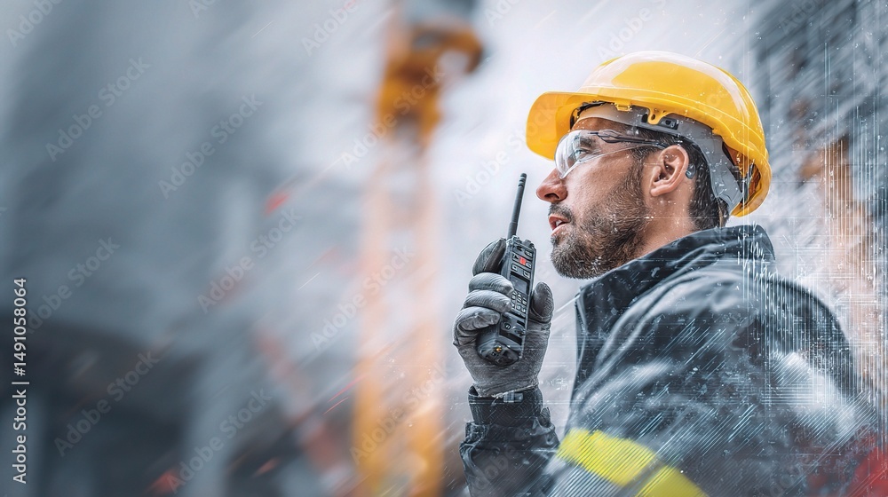 Poster engineer using walkie talkie on construction site in abstract background