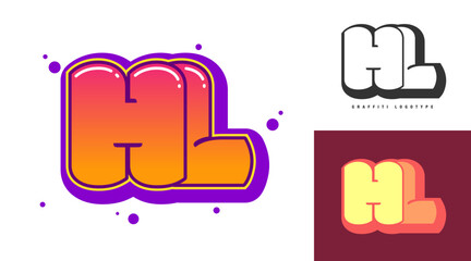 HL logo design for festival or party. Initial letter h and l in graffiti style. Creative modern lettering company name of font typography. Kids trendy logotype or identity.