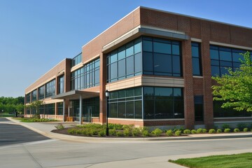 Modern office building with large glass windows and landscaped surroundings in a suburban area, Office building