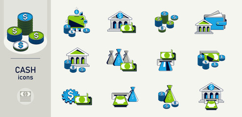 Cash money vector detailed icons set, coins and banknotes stacks, moneybag and piggybank, ATM cash withdrawal.