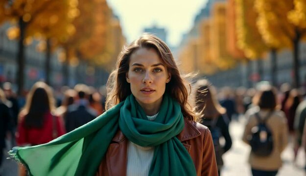 Young woman walking through a bustling city street with an emerald green scarf flowing in the wind