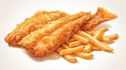 Fototapeta premium Enticing depiction of crispy fish fillets served over a pile of golden fries