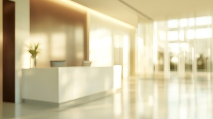 Fototapeta premium Modern Office Reception Desk Elegant Interior Design White Minimalist Workspace Bright Sunlight 