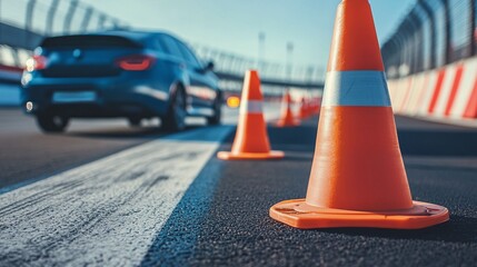 Driving school setup with a car and traffic cones an orange cone designated for driver training at a racetrack