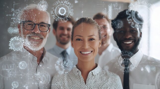 Diverse Team Smiling Together with Creative Transparent Overlay