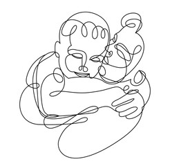 Mother and son hugging each other and kissing linear vector illustration isolated, mom and child showing love and care line art drawing.