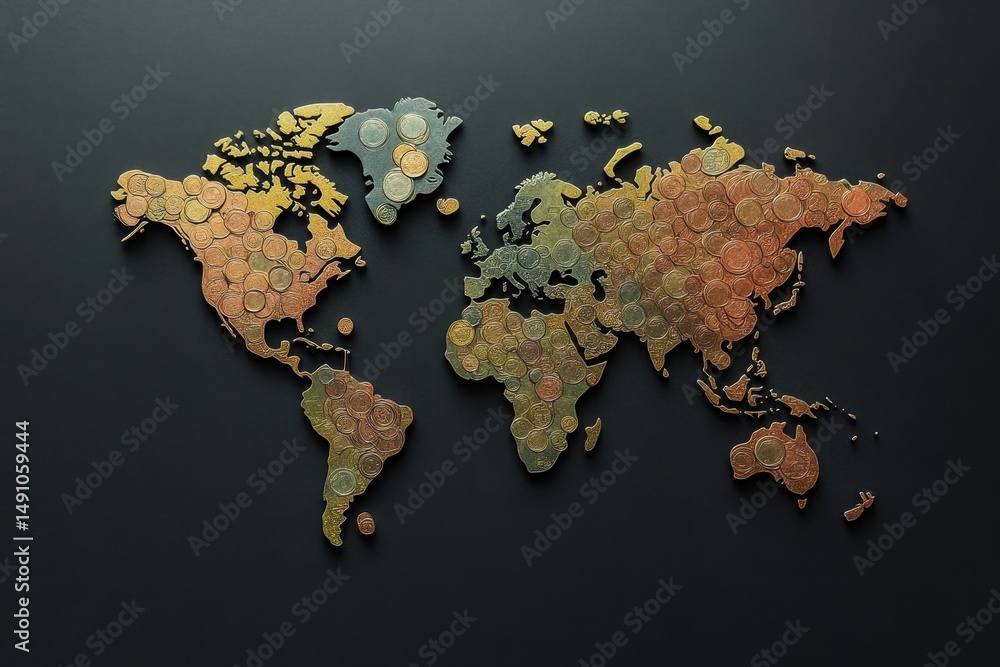 Poster financial data processing visualized on a black world map made from coins, financial data processing