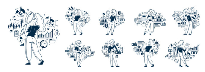 Obraz premium Business person analyzing and organizing financial deals vector outline illustration set, entrepreneur company leader working on some commercial project.