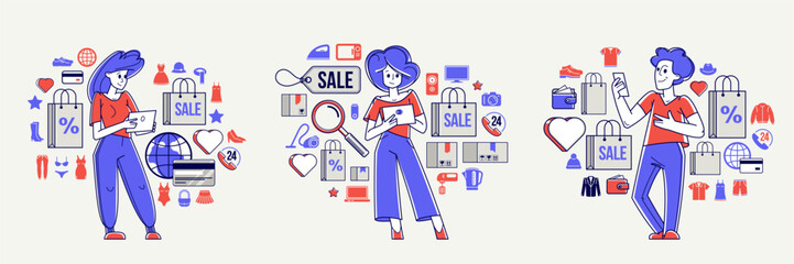 Shopping and discount vector outline illustration set, store worker managing goods or customer have a big choice and enjoying cheap prices, adviser consultant.