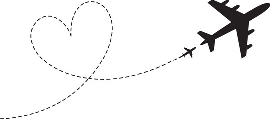 Airplane romantic heart shaped line path silhouette vector illustration isolated On Transparent Background