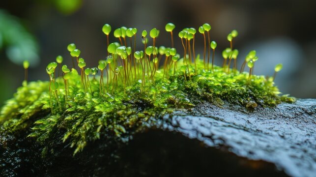 Luminous moss spores sprouting with moisture clinging to their tender structures