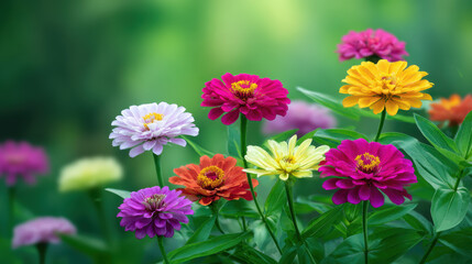 A vibrant display of colorful zinnia flowers blooms in a garden, showcasing their beautiful petals and creating a cheerful and inviting summer scene in nature.