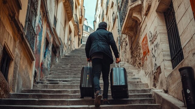 Urban Traveler Ascending Steep Steps with Luggage