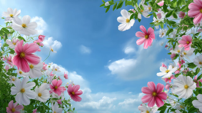 Pink and white cosmos flowers blossom under a beautiful blue sky with fluffy clouds, creating a vibrant and refreshing floral background for summertime scenes. - Powered by Adobe