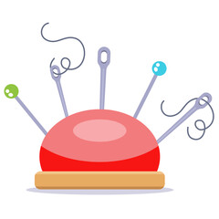 Red pincushion with needles and thread. flat illustration.