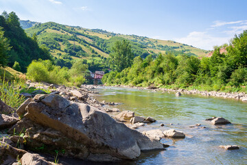 river flows through the valley in carpathian mountains. vacation season. shallow water reveals stones. beautiful landscape in summer on an sunny morning. countryside scenery