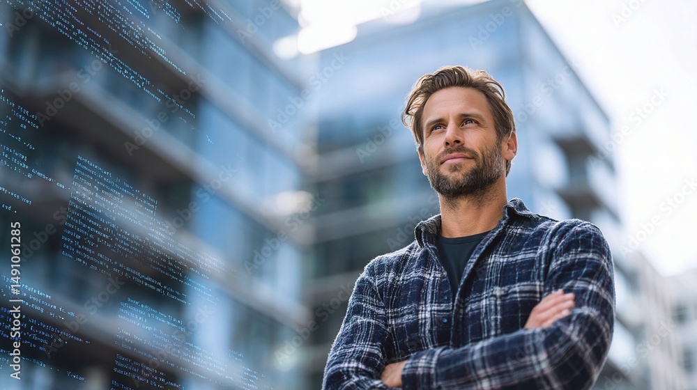 Aufkleber confident executive in tech environment with software code