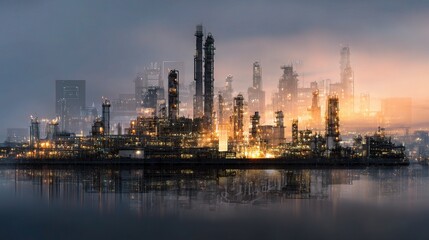 Obraz premium Twilight View of Oil Refinery with Layered Physical Systems