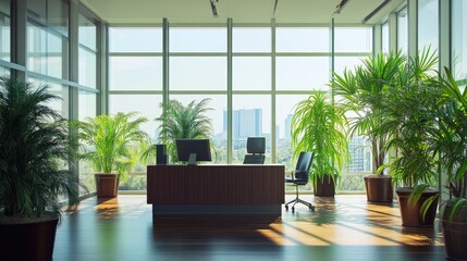 Modern office with large windows, desk, chair, and plants.