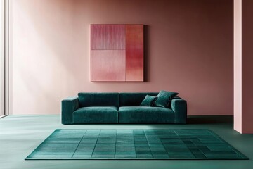 Elegant living room interior featuring a plush green sofa, matching rug, and a contemporary pink and red wall art.