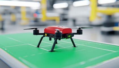 Red and Black Drone Resting on a Green Surface with White Lines in a