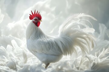 White rooster preens its long tail feathers in a tranquil setting amidst soft feathers, rooster with long tail cleans feathers