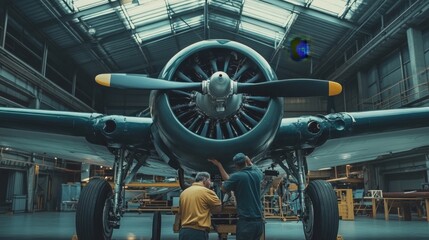 Naklejka premium Vintage Airplane Maintenance in a Massive Hangar