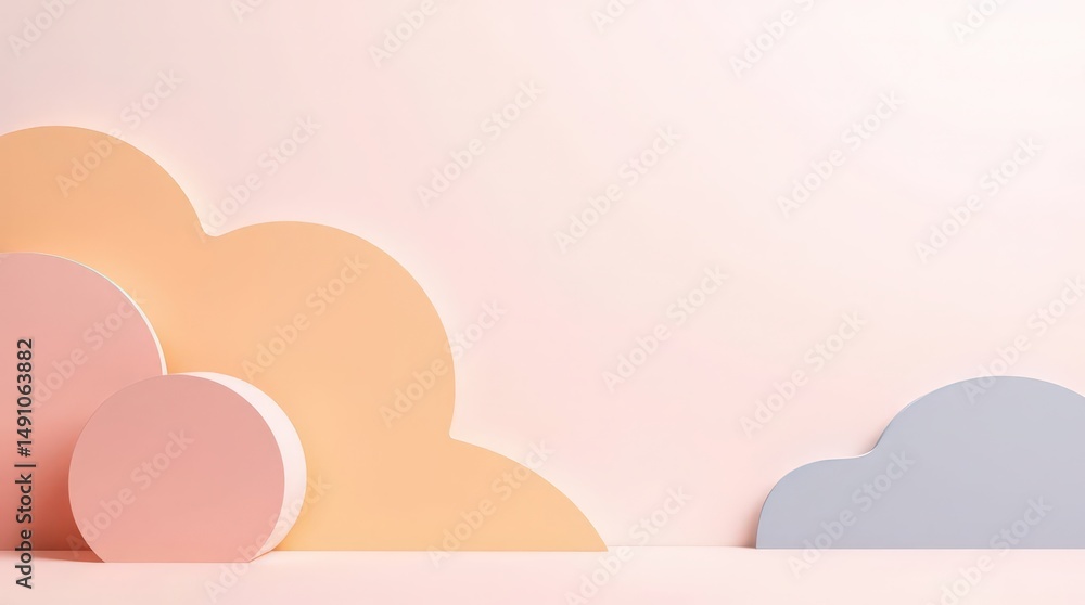 Poster dreamy pastel clouds and circles create a whimsical atmosphere in a minimalist artistic setup during