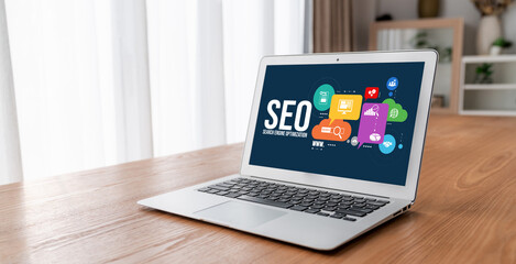 SEO search engine optimization for modish e-commerce and online retail business showing on computer...