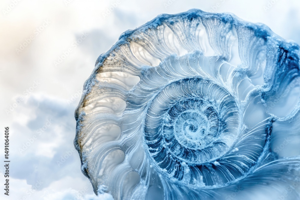 Poster a stunning macro shot of a blue nautilus shell, revealing its intricate spiral structure and translu