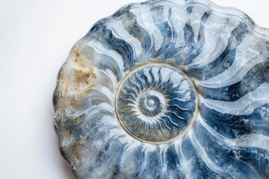 Fossilized ammonite shell half in polished blue-grey stone, with visible internal structure, sits on a white background, showcasing its history.