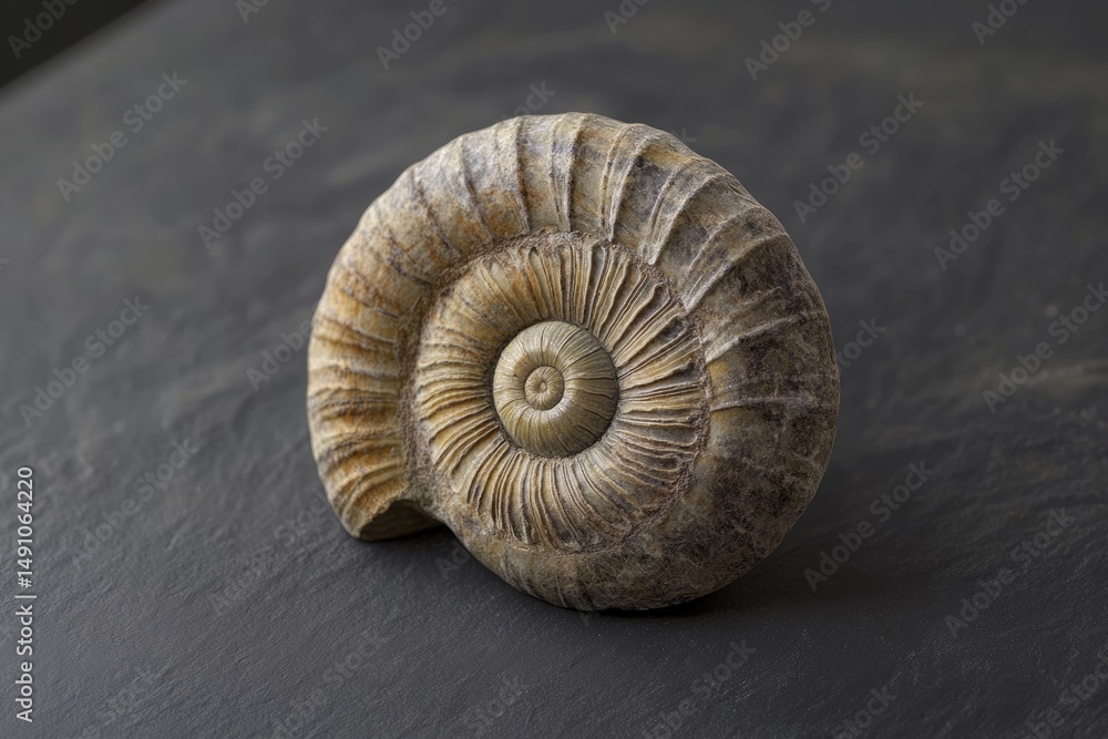 Poster an ammonite fossil with a spiral pattern on a textured dark surface, showing its detailed structure 