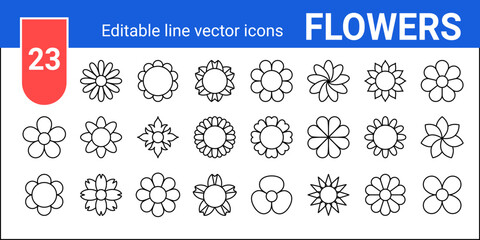 Flower icon set. Vector editable outline illustration. Floral collection