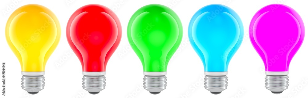 Poster colorful light bulbs in a row. 3d rendering isolated on transparent background