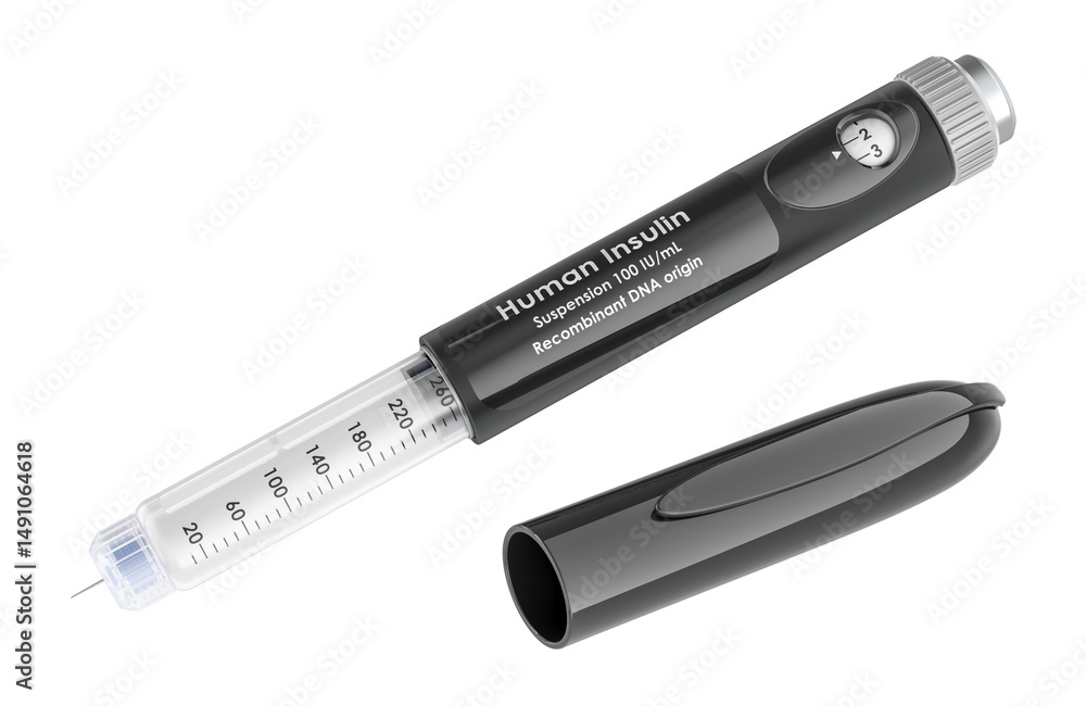 Poster insulin pen injector. 3d rendering isolated on transparent background