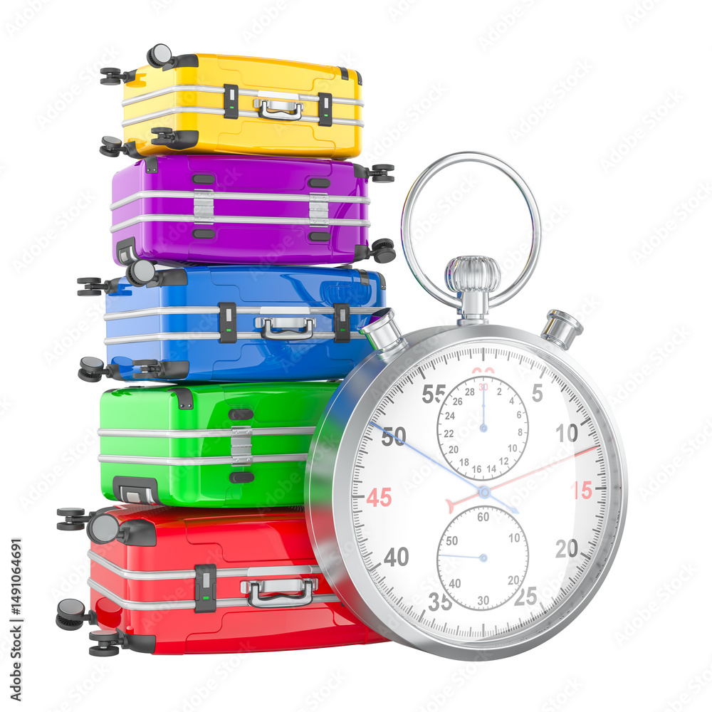 Aufkleber luggage storage, concept. stack of suitcases with stopwatch. 3d rendering isolated on transparent ba